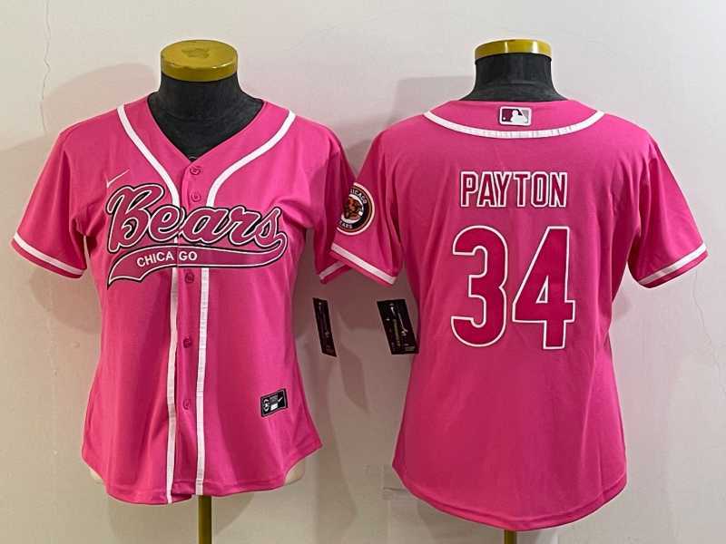 Womens Chicago Bears #34 Walter Payton Pink With Patch Cool Base Stitched Baseball Jersey